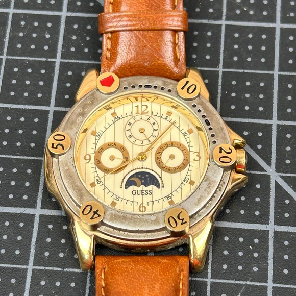Vintage 1992 Guess Moon Phase Watch Gold Silver Tone Leather Band 38mm Tested